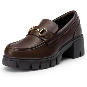 Dream Pairs Women Brown Platform Chunky Heeled Slip On Loafers with Horsebit
